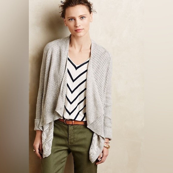 Anthropologie Moth Gray Draped Pointelle Open Cardigan Sweater Medium Petite - Picture 1 of 7